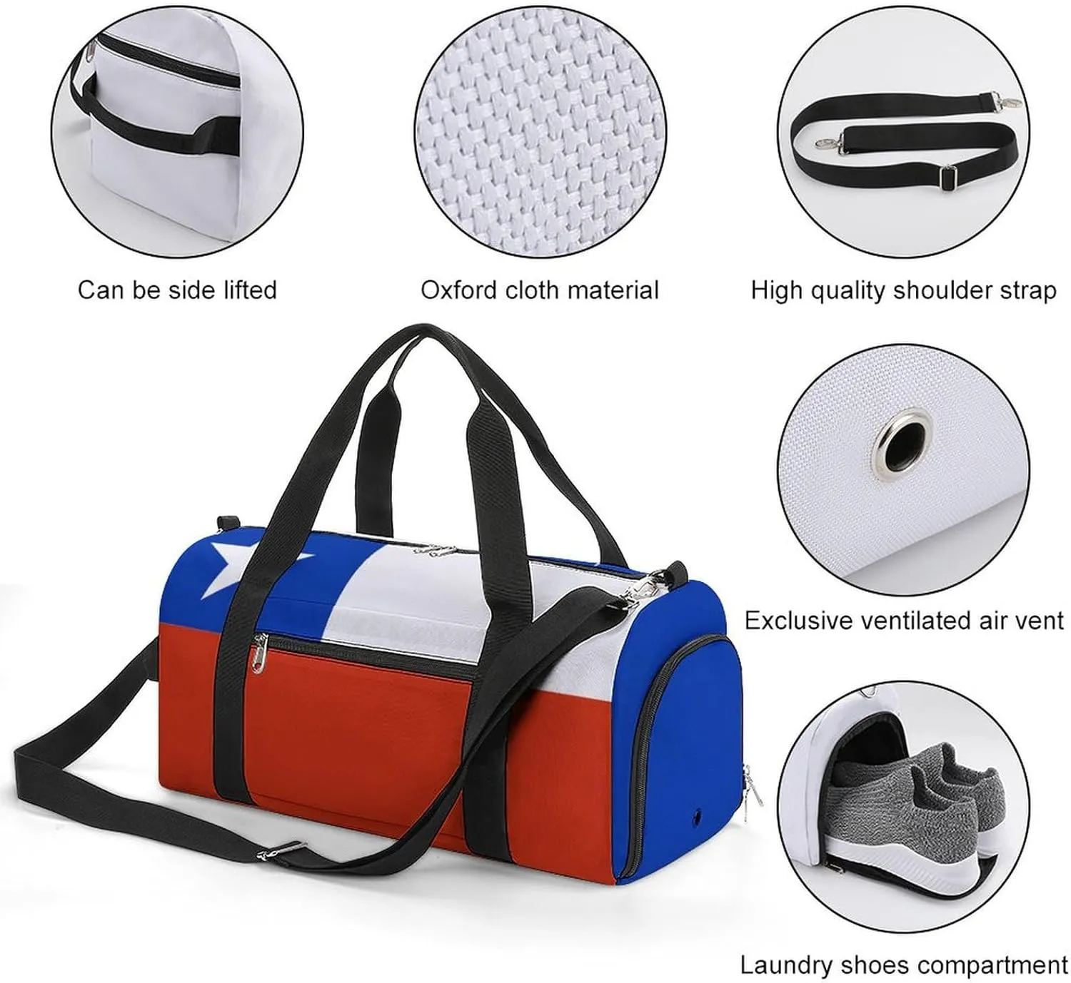 Lightweight Chile Flag Duffel Bag for Women Men with Shoe Compartment and Wet Pocket