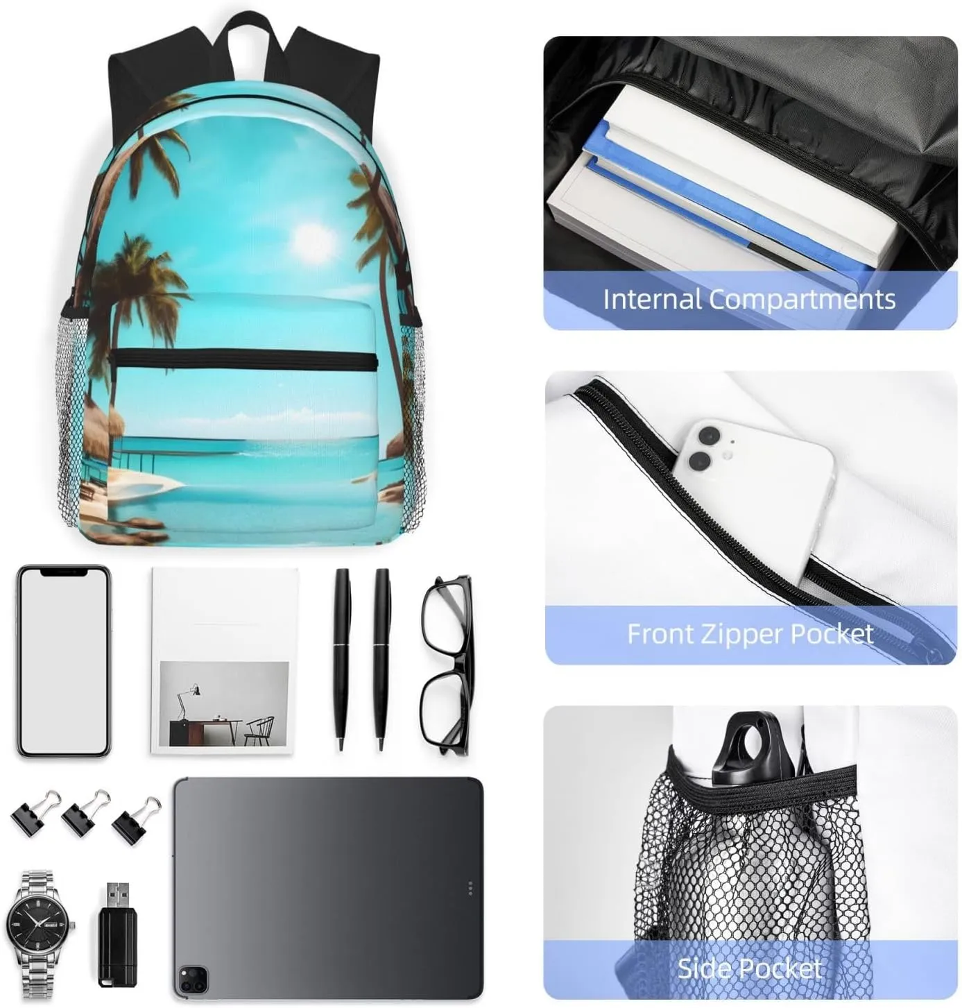 Lightweight Laptop Backpack,Casual Daypack Travel Backpack Bookbag Work Bag for Men and Women-Palm Trees and Clear Sea