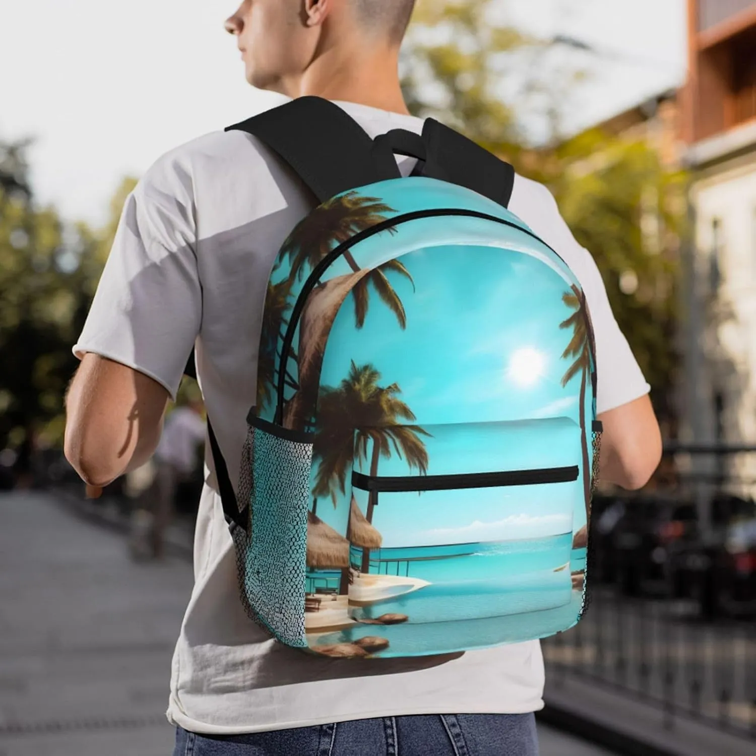 Lightweight Laptop Backpack,Casual Daypack Travel Backpack Bookbag Work Bag for Men and Women-Palm Trees and Clear Sea