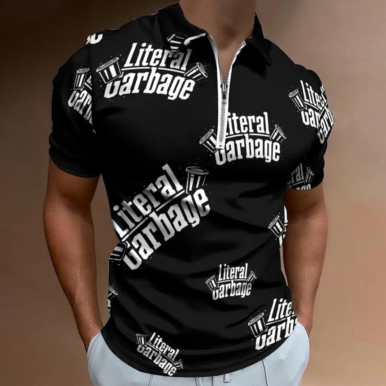 Literal Garbage Casual Polo Shirts for Men One-Third Zipped Golf Short Sleeve Quick Dry Sports Outdoor Tennis Top