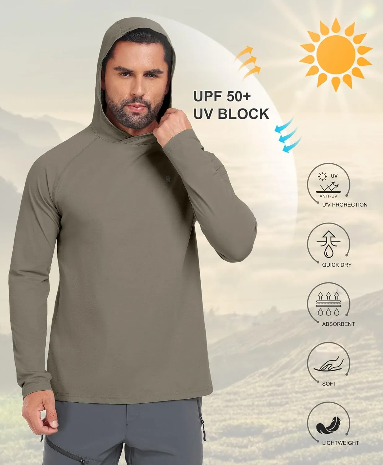 Little Donkey Andy Men's Quick Dry UPF Hoodie Shirt Long Sleeve Breathable UV Protection for Fishing Hiking