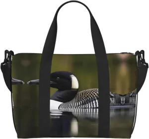 Loon Nature Bird Print Tote Crossbody Travel Bag with Zip Casual Handbag for Weekend Trips and Gym Shopping, Black, One Size, Travel Tote