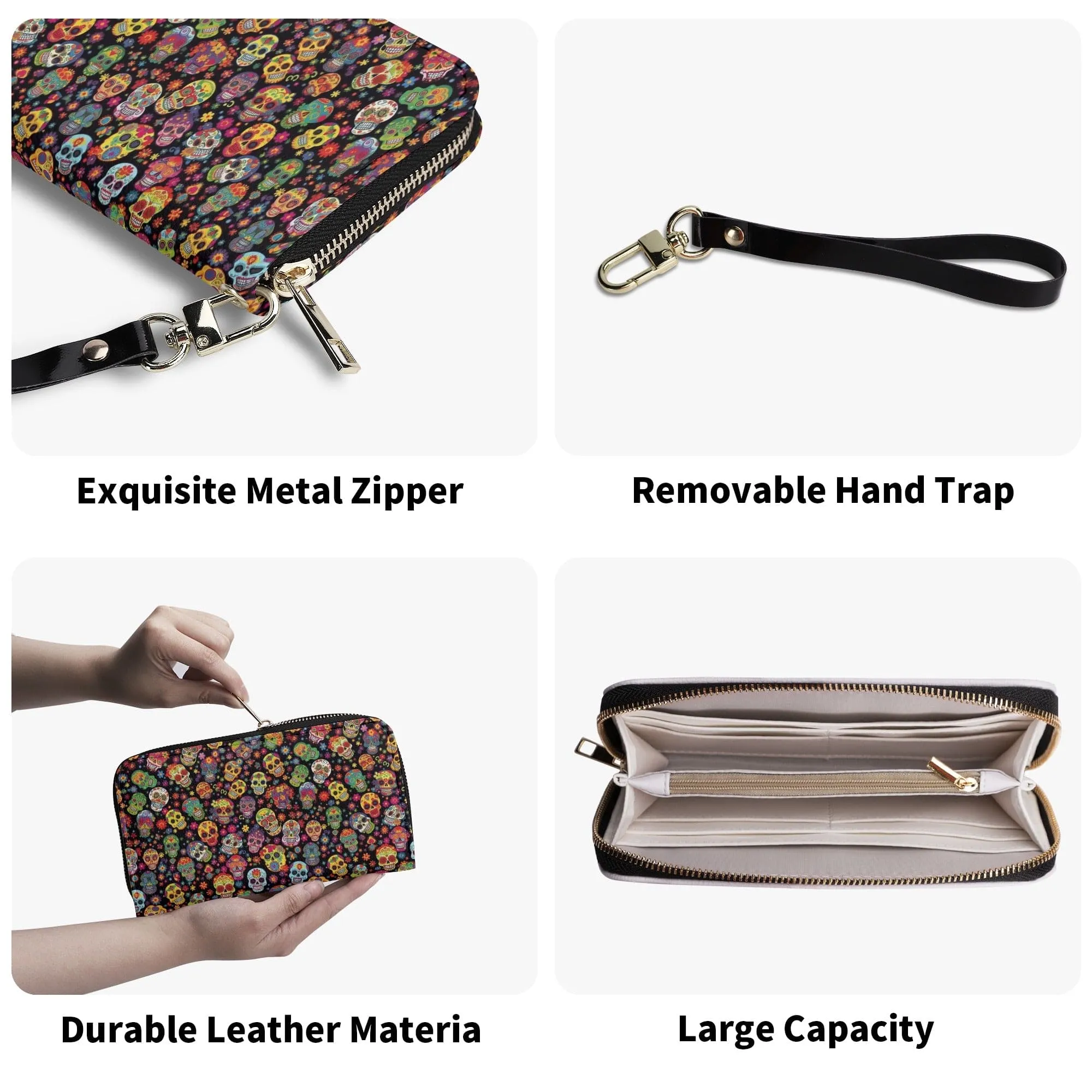 Lots of Colorful Skulls Large Long Wallet With Handle