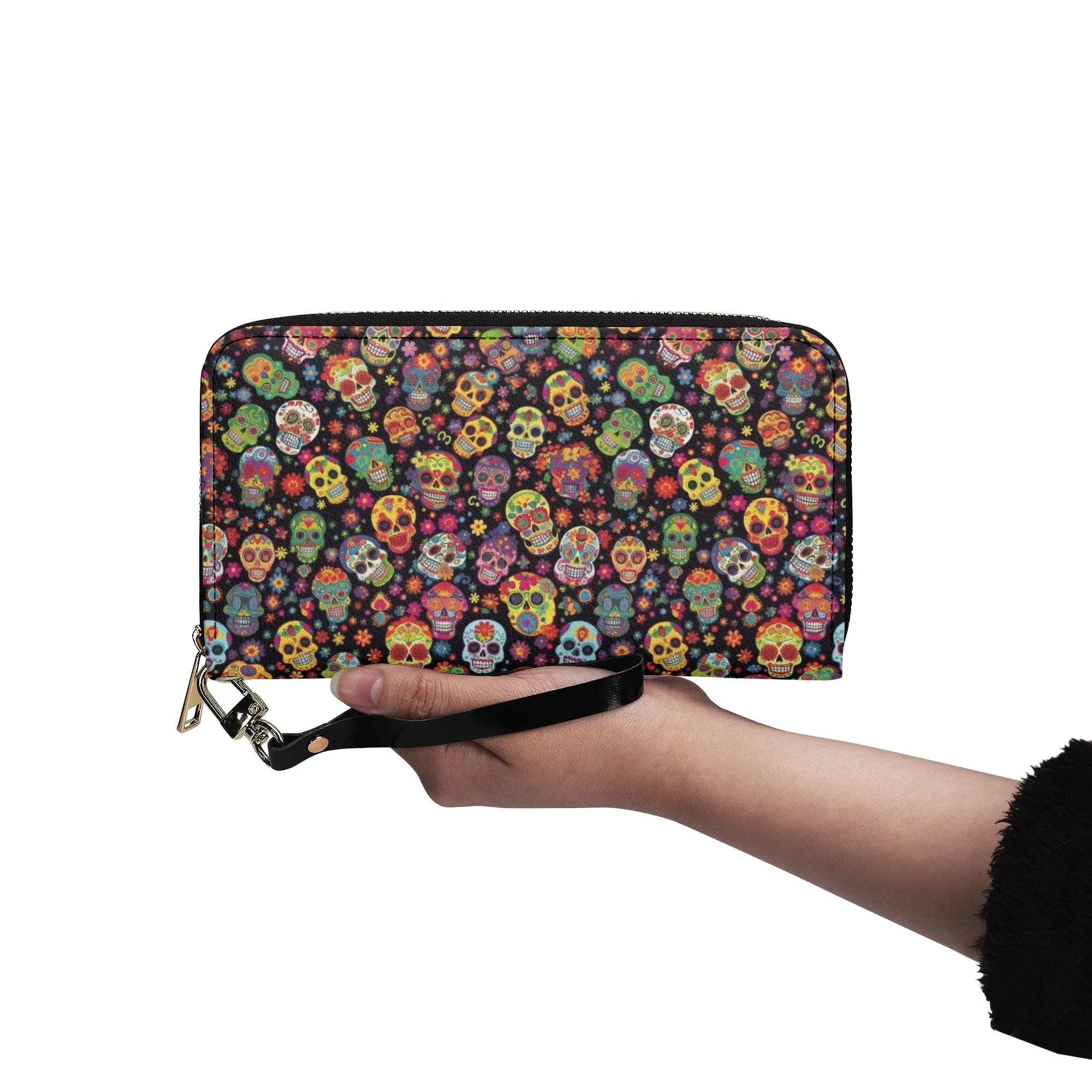 Lots of Colorful Skulls Large Long Wallet With Handle