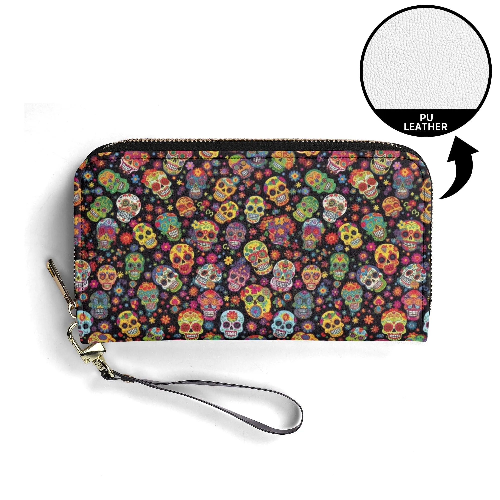 Lots of Colorful Skulls Large Long Wallet With Handle