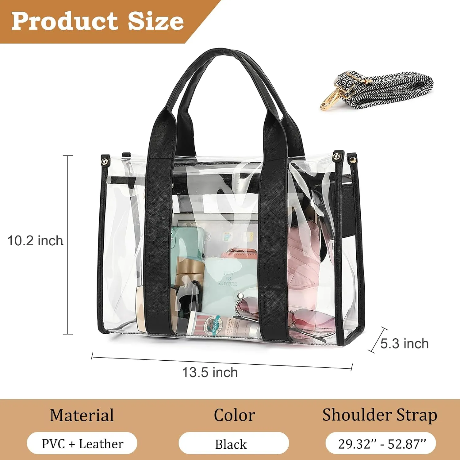 LOXOMU Clear Tote Bag Stadium Approved, Large Clear Bag for Stadium Events Transparent Shoulder Handbag with Adjustable Strap