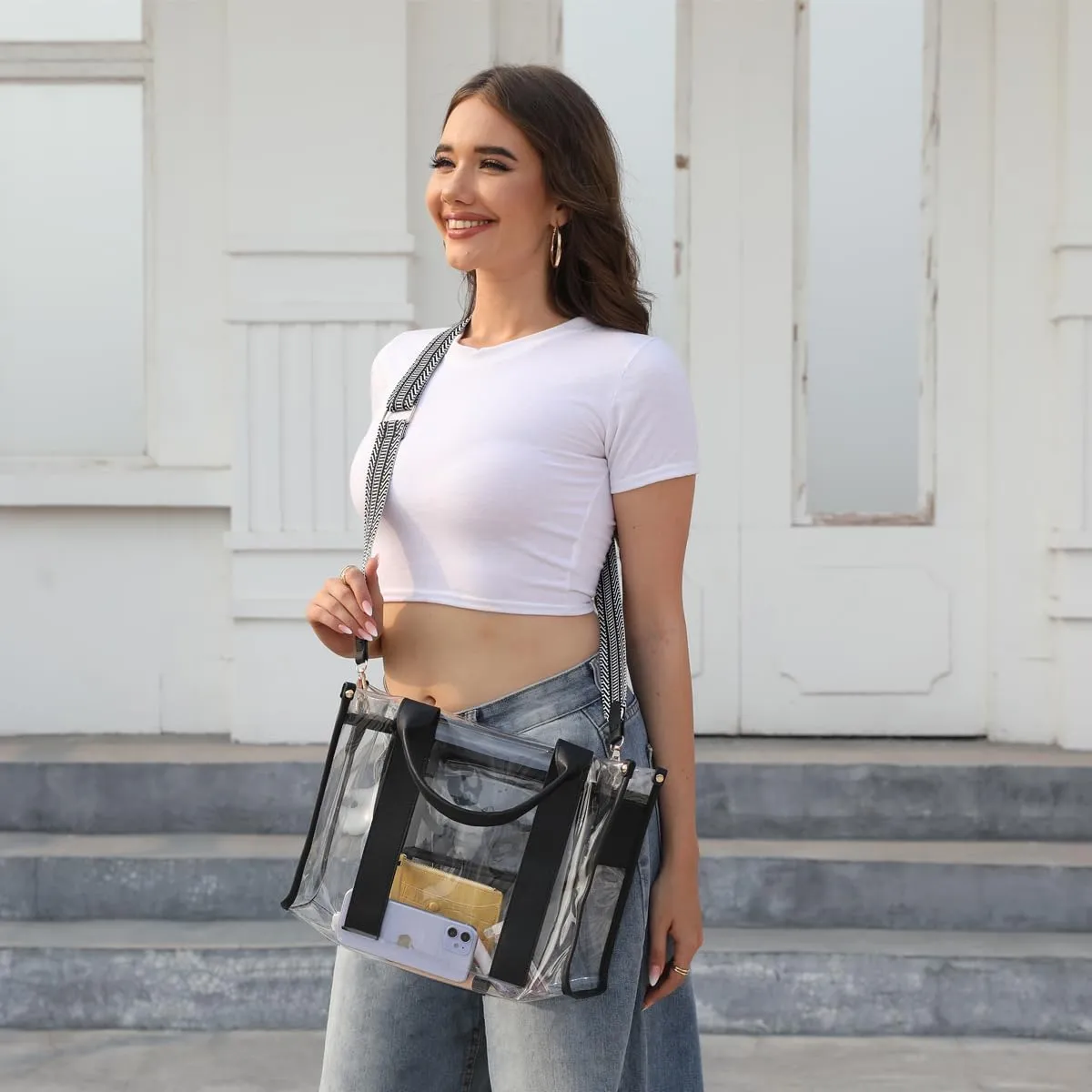 LOXOMU Clear Tote Bag Stadium Approved, Large Clear Bag for Stadium Events Transparent Shoulder Handbag with Adjustable Strap