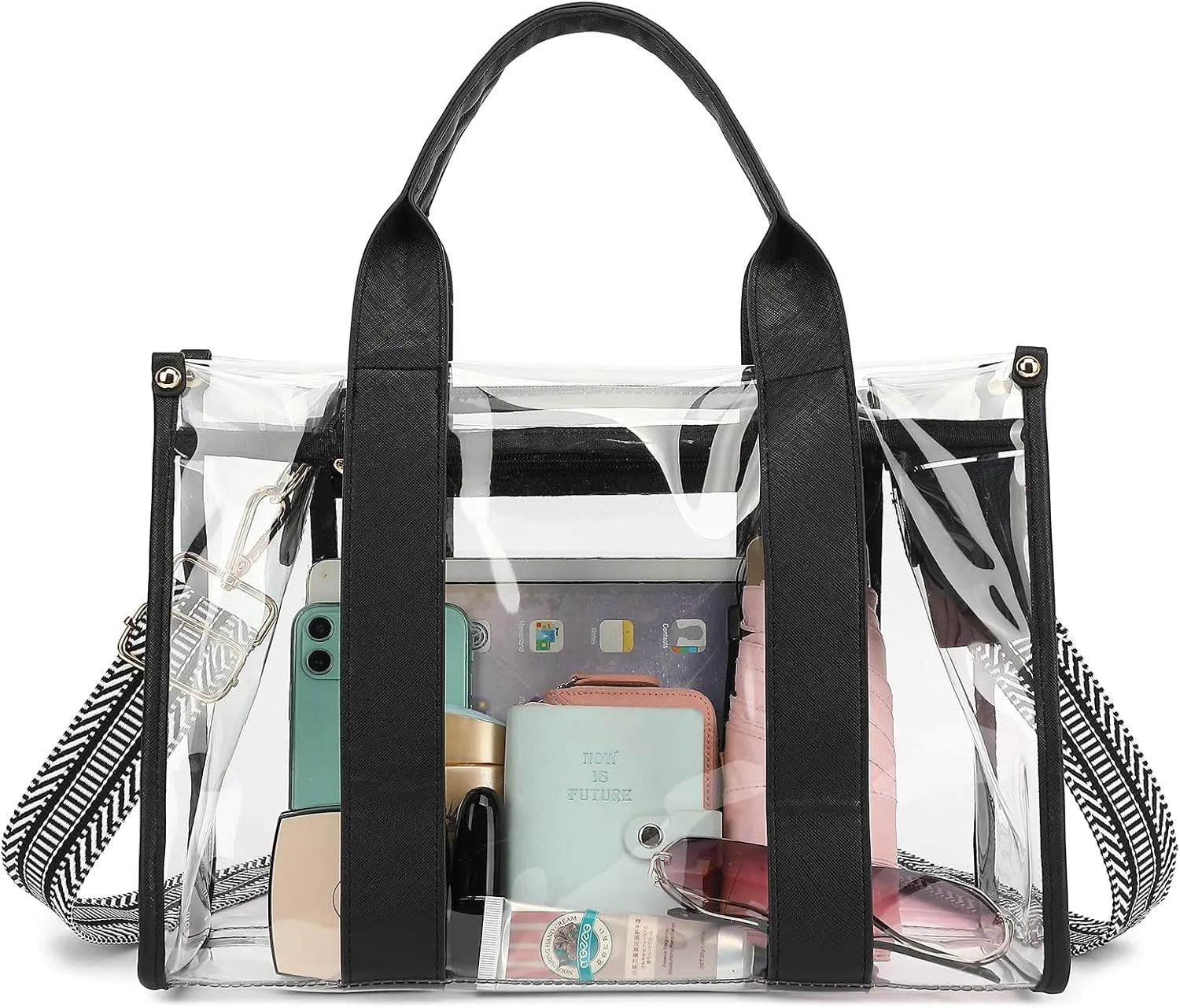 LOXOMU Clear Tote Bag Stadium Approved, Large Clear Bag for Stadium Events Transparent Shoulder Handbag with Adjustable Strap