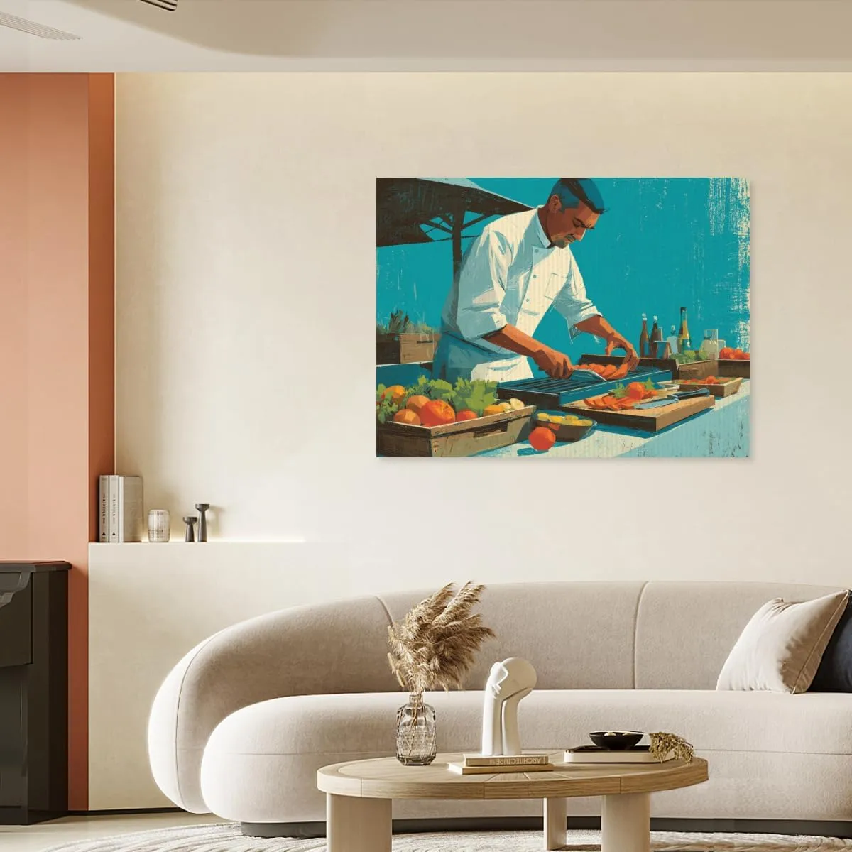 LSWHMSXSU Oil Still Life Wall Art Landscape Decor Prints Chef Grilling Vegetables at an Open-Air Market Stall Barbecue For Cafe Restaurant Bathroom Living Room Wall Decor Framed.
