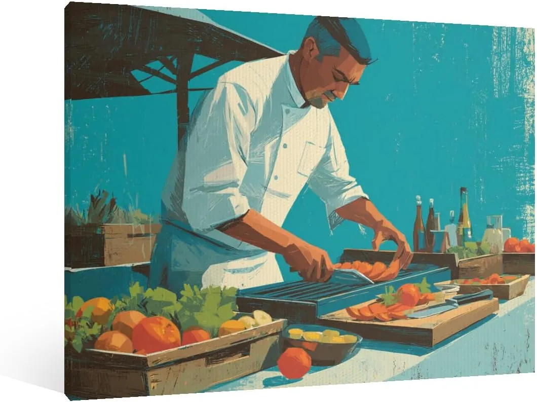 LSWHMSXSU Oil Still Life Wall Art Landscape Decor Prints Chef Grilling Vegetables at an Open-Air Market Stall Barbecue For Cafe Restaurant Bathroom Living Room Wall Decor Framed.