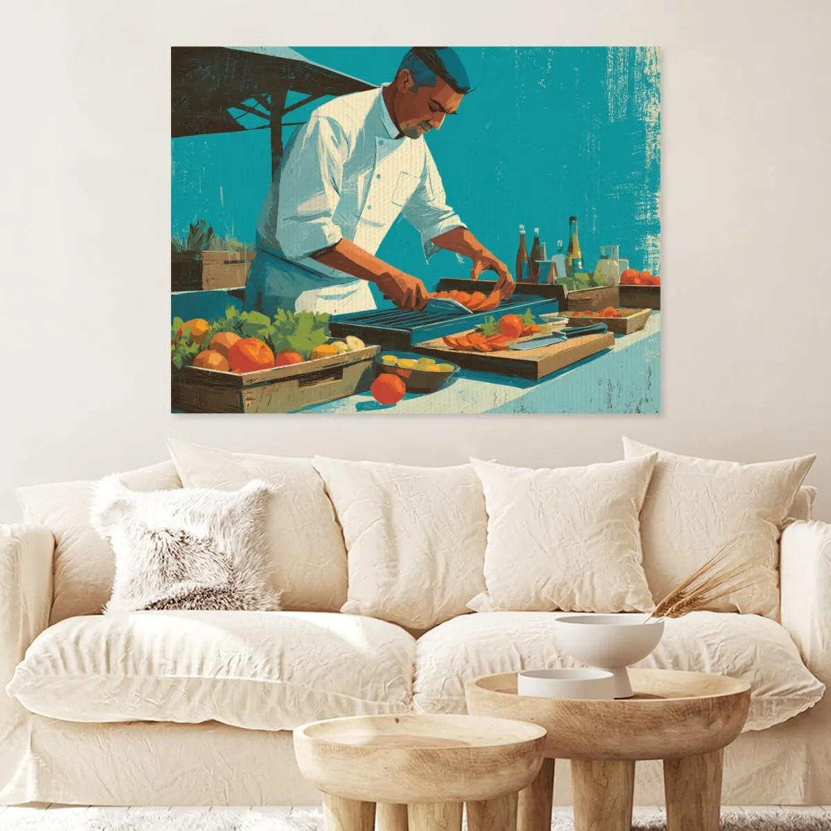 LSWHMSXSU Oil Still Life Wall Art Landscape Decor Prints Chef Grilling Vegetables at an Open-Air Market Stall Barbecue For Cafe Restaurant Bathroom Living Room Wall Decor Framed.