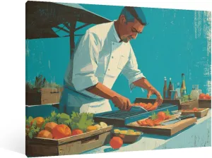 LSWHMSXSU Oil Still Life Wall Art Landscape Decor Prints Chef Grilling Vegetables at an Open-Air Market Stall Barbecue For Cafe Restaurant Bathroom Living Room Wall Decor Framed.