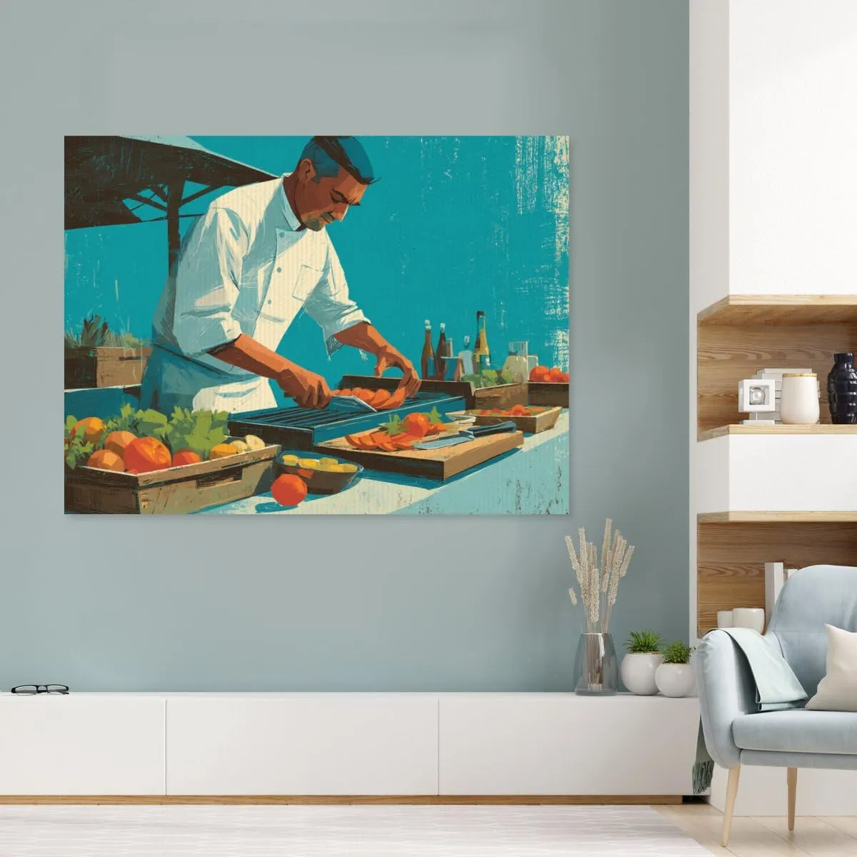 LSWHMSXSU Oil Still Life Wall Art Landscape Decor Prints Chef Grilling Vegetables at an Open-Air Market Stall Barbecue For Cafe Restaurant Bathroom Living Room Wall Decor Framed.