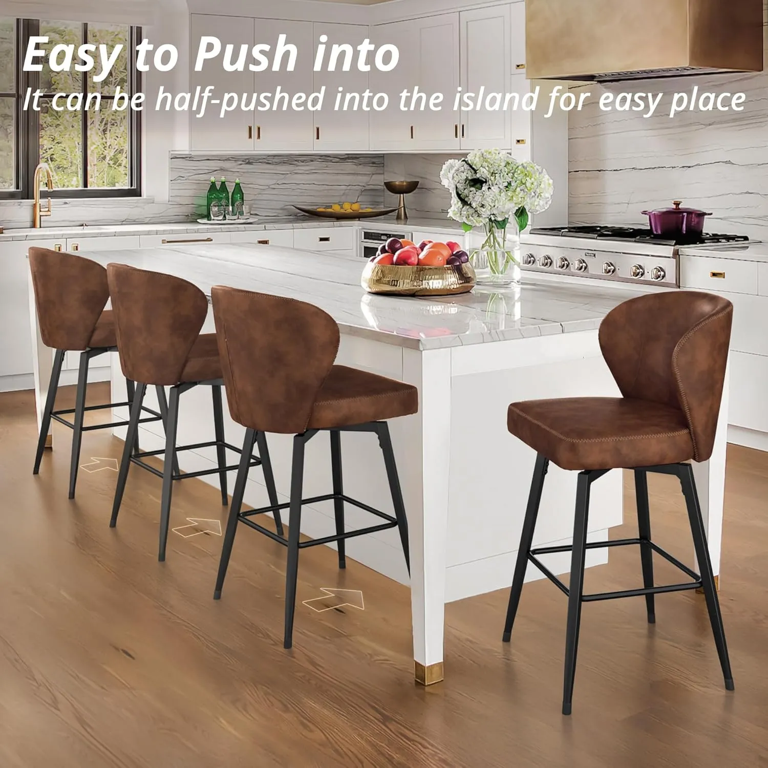 LUE BONA 26 Inch Swivel Bar Stools Set of 2, Counter Height Bar Stools with Back, Upholstered Counter Stools, Faux Leather with Stitching, Metal Legs, Easy Assembly, Brown