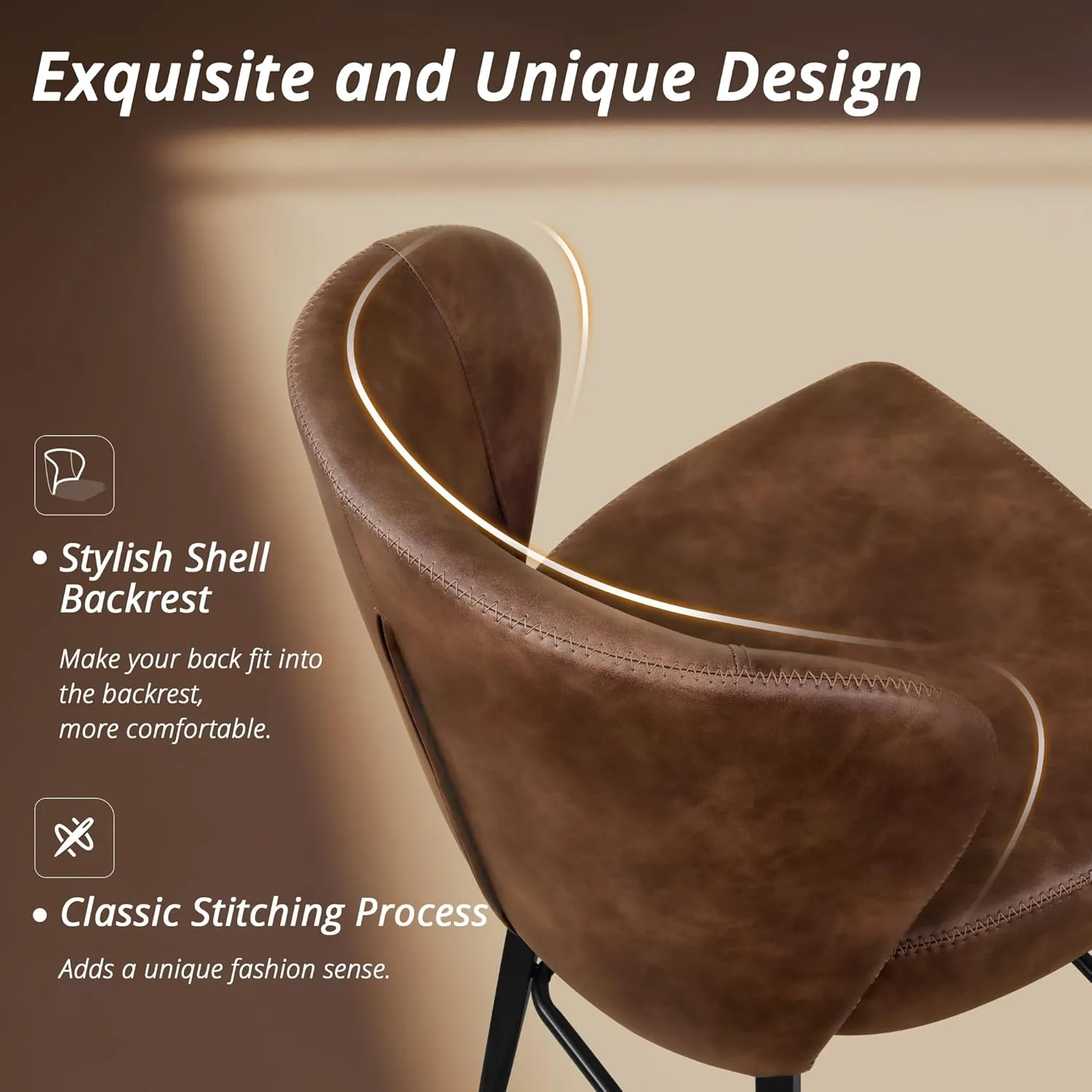 LUE BONA 26 Inch Swivel Bar Stools Set of 2, Counter Height Bar Stools with Back, Upholstered Counter Stools, Faux Leather with Stitching, Metal Legs, Easy Assembly, Brown