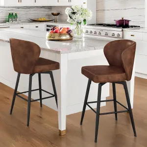 LUE BONA 26 Inch Swivel Bar Stools Set of 2, Counter Height Bar Stools with Back, Upholstered Counter Stools, Faux Leather with Stitching, Metal Legs, Easy Assembly, Brown