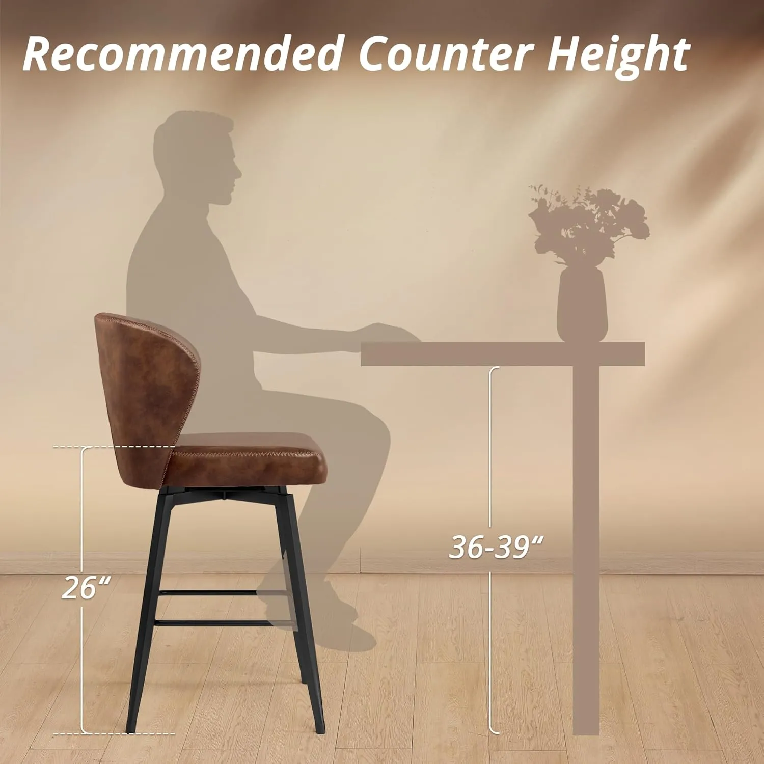 LUE BONA 26 Inch Swivel Bar Stools Set of 2, Counter Height Bar Stools with Back, Upholstered Counter Stools, Faux Leather with Stitching, Metal Legs, Easy Assembly, Brown