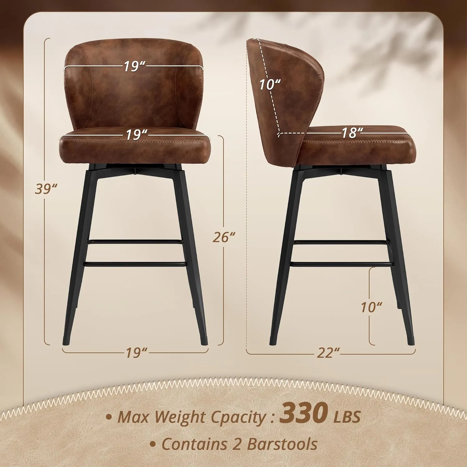 LUE BONA 26 Inch Swivel Bar Stools Set of 2, Counter Height Bar Stools with Back, Upholstered Counter Stools, Faux Leather with Stitching, Metal Legs, Easy Assembly, Brown