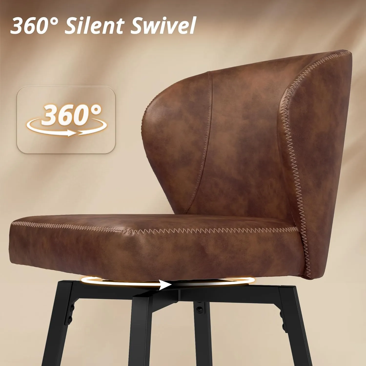 LUE BONA 26 Inch Swivel Bar Stools Set of 2, Counter Height Bar Stools with Back, Upholstered Counter Stools, Faux Leather with Stitching, Metal Legs, Easy Assembly, Brown
