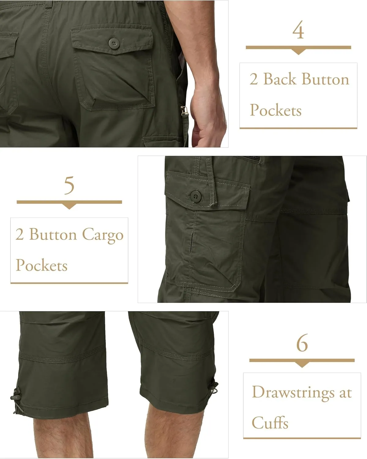 MAGCOMSEN Men's Below Knee Long Shorts Cotton Work 3/4 Cargo Capris 7 Pockets Twill Military Summer Shorts