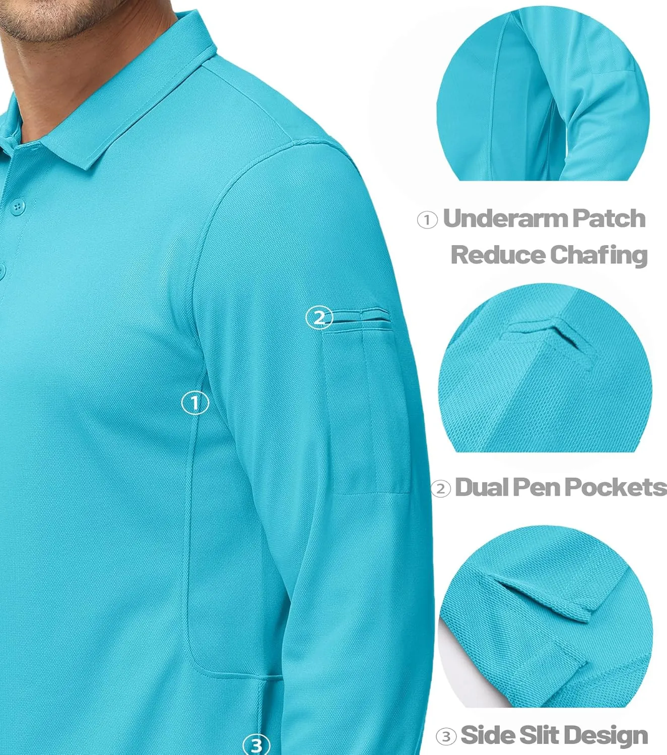 MAGCOMSEN Men's Polo Shirts 3 Button Quick Dry Performance Long Sleeve Tactical Shirts Pique Jersey Golf Shirt