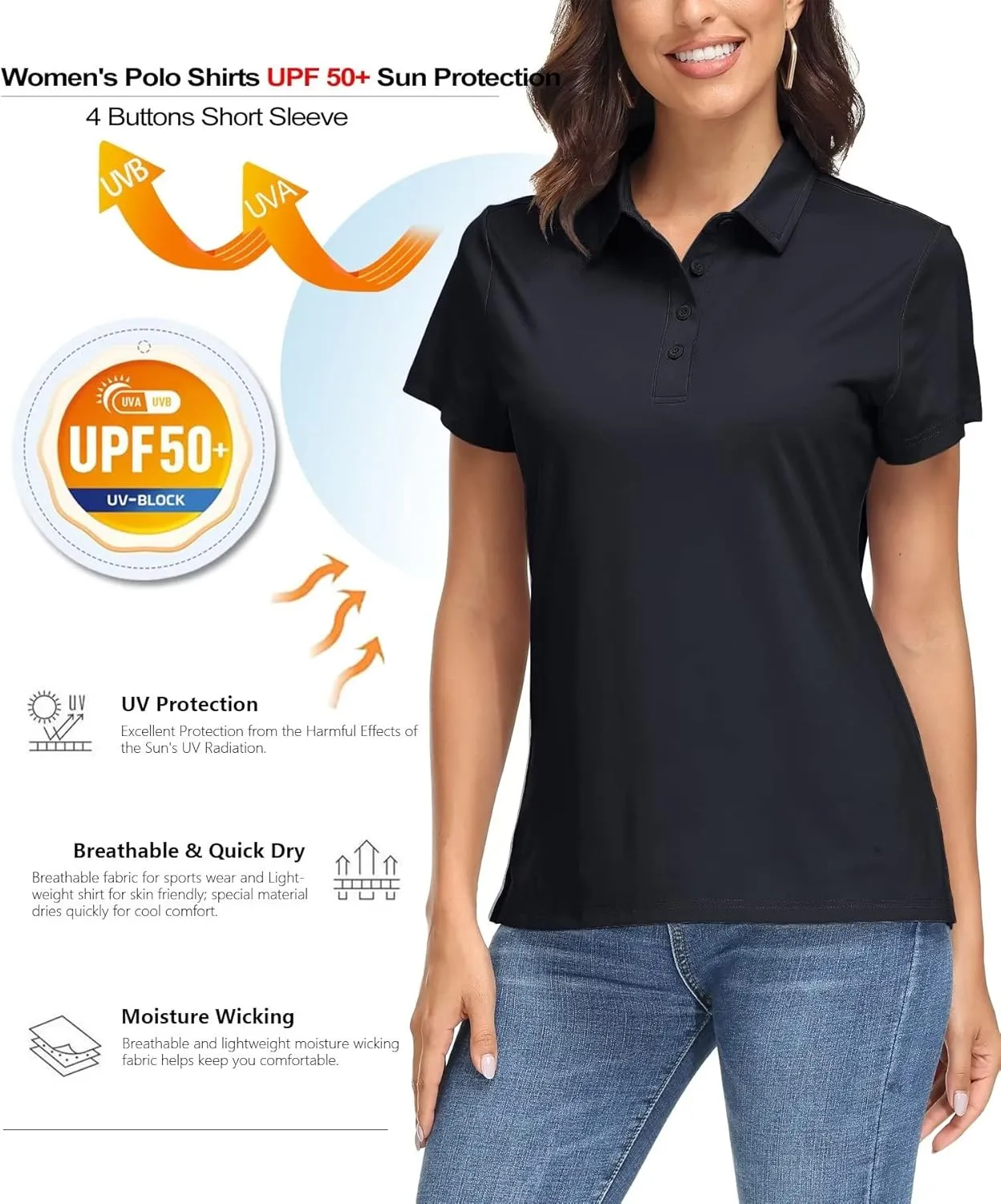 MAGCOMSEN Women's Polo Shirts UPF 50  Sun Protection 4 Buttons Casual Work Quick Dry Short Sleeve Collared Golf Shirt