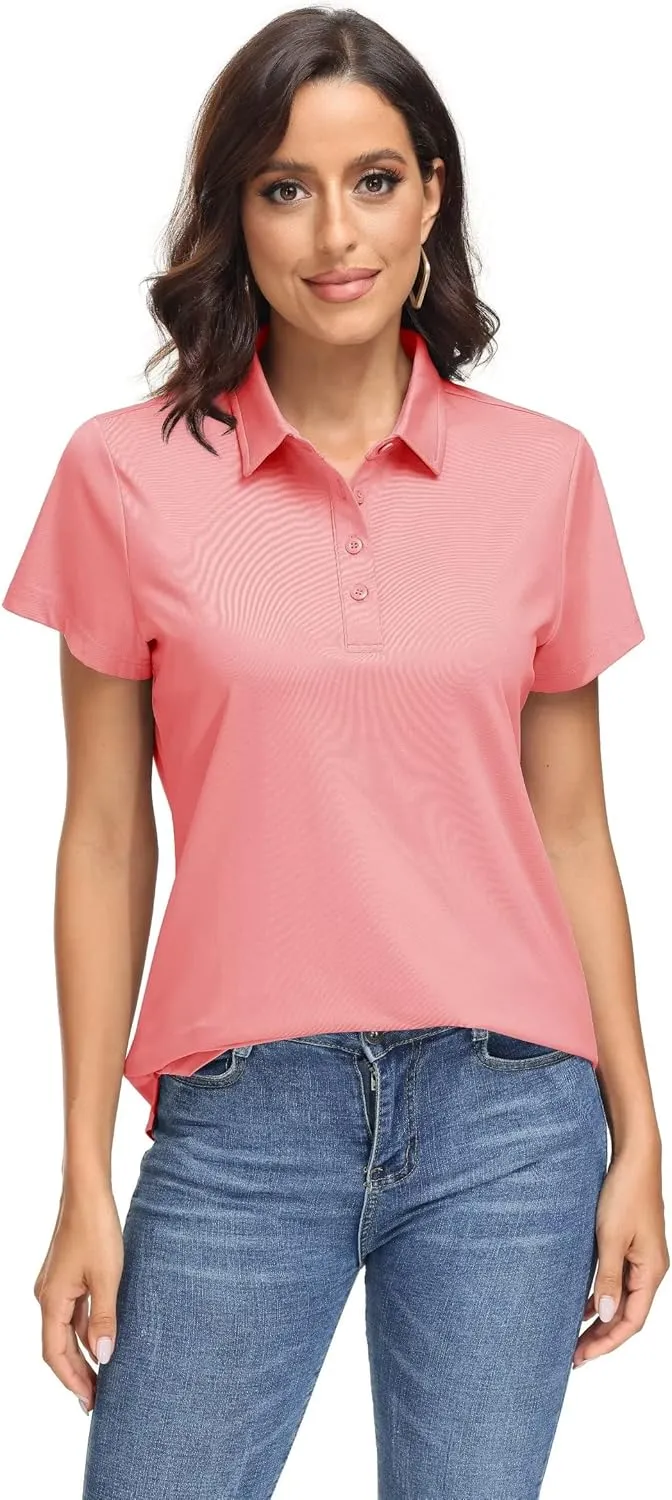 MAGCOMSEN Women's Polo Shirts UPF 50  Sun Protection 4 Buttons Casual Work Quick Dry Short Sleeve Collared Golf Shirt