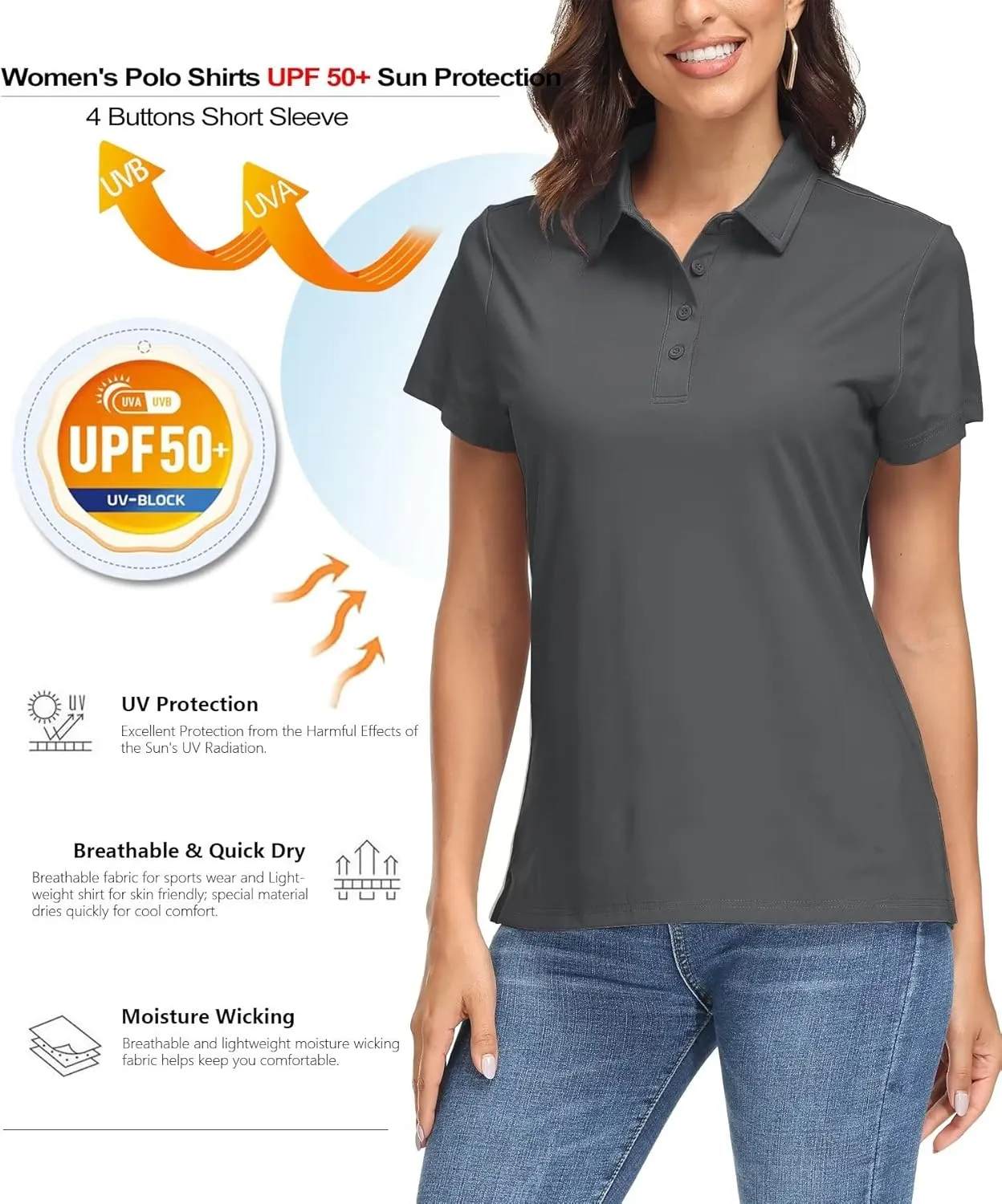 MAGCOMSEN Women's Polo Shirts UPF 50  Sun Protection 4 Buttons Casual Work Quick Dry Short Sleeve Collared Golf Shirt