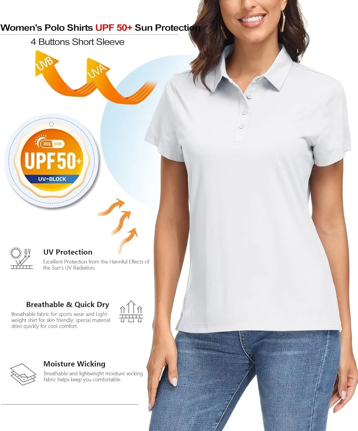 MAGCOMSEN Women's Polo Shirts UPF 50  Sun Protection 4 Buttons Casual Work Quick Dry Short Sleeve Collared Golf Shirt