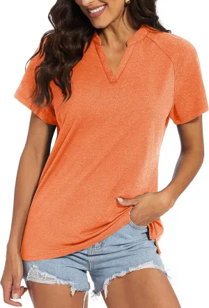 MAGCOMSEN Women's Polo Shirts V Neck UPF 50  Short Sleeve T Shirts Collarless Sun Protection Quick Dry Golf Tennis Tops