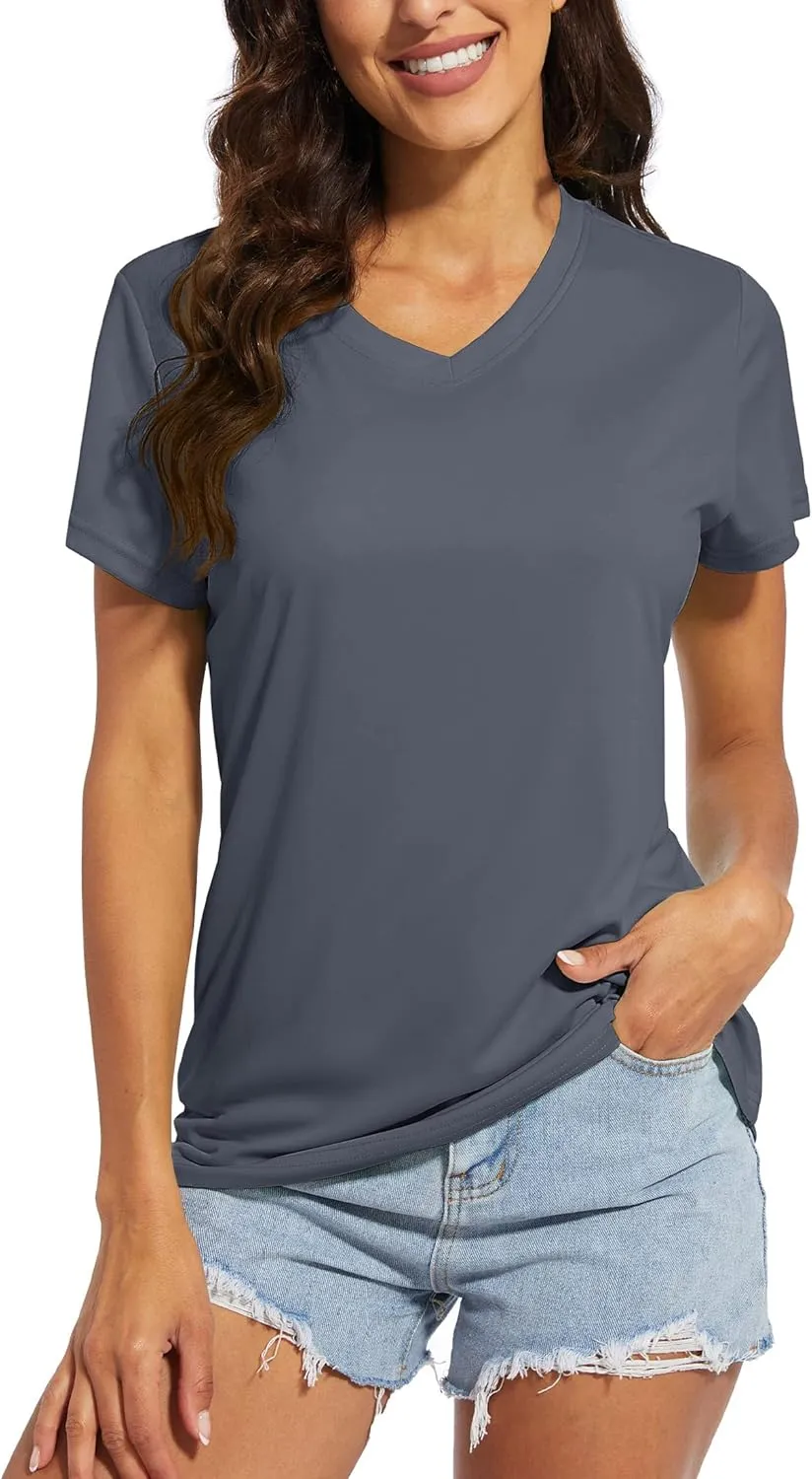 MAGCOMSEN Women's T Shirts V-Neck Short Sleeve UPF 50  Sun Protection Performance Quick Dry Athletic Shirts Tee Tops