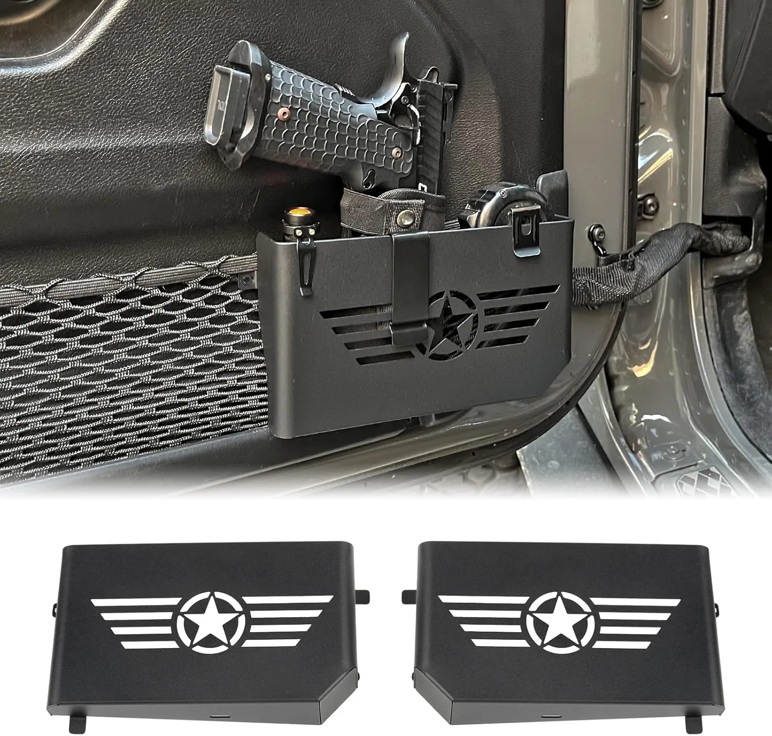 MAIKER Metal Front Door Storage Box Door Side Insert Organizer Box Pockets for 2018-2024 Jeep Wrangler JL 4XE JLU Rubicon Sport Sahara Gladiator JT Five Star Logo
