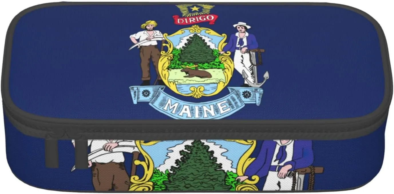 Maine State Flag Print Functional Storage Bag with Compartments 8.3 x 2 x 3.7 Inches for Office Travel