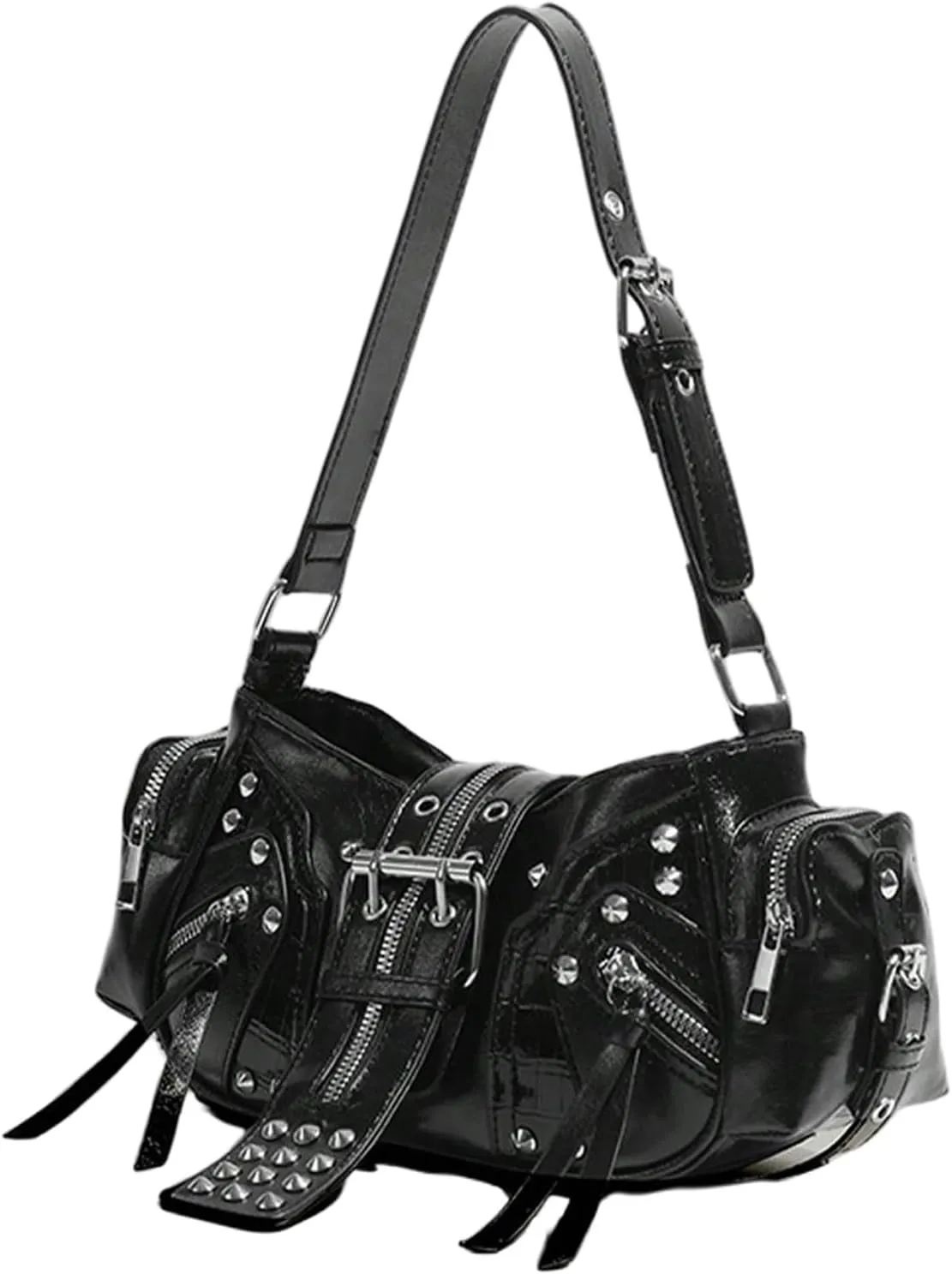 MakeMeChic Women's Rivet Shoulder Bag PU Leather Buckle Y2K Punk Vintage Tote Bag Handbags