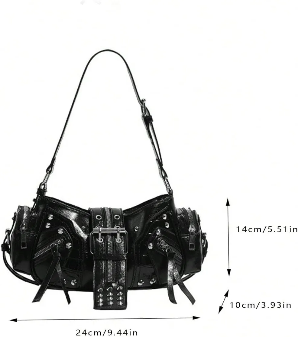 MakeMeChic Women's Rivet Shoulder Bag PU Leather Buckle Y2K Punk Vintage Tote Bag Handbags