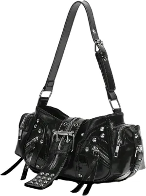 MakeMeChic Women's Rivet Shoulder Bag PU Leather Buckle Y2K Punk Vintage Tote Bag Handbags