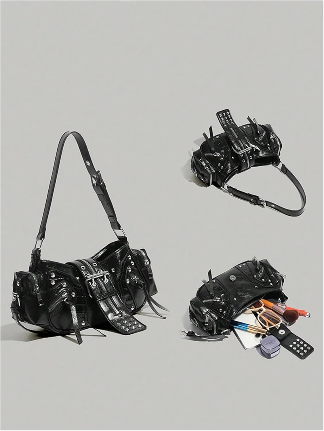MakeMeChic Women's Rivet Shoulder Bag PU Leather Buckle Y2K Punk Vintage Tote Bag Handbags