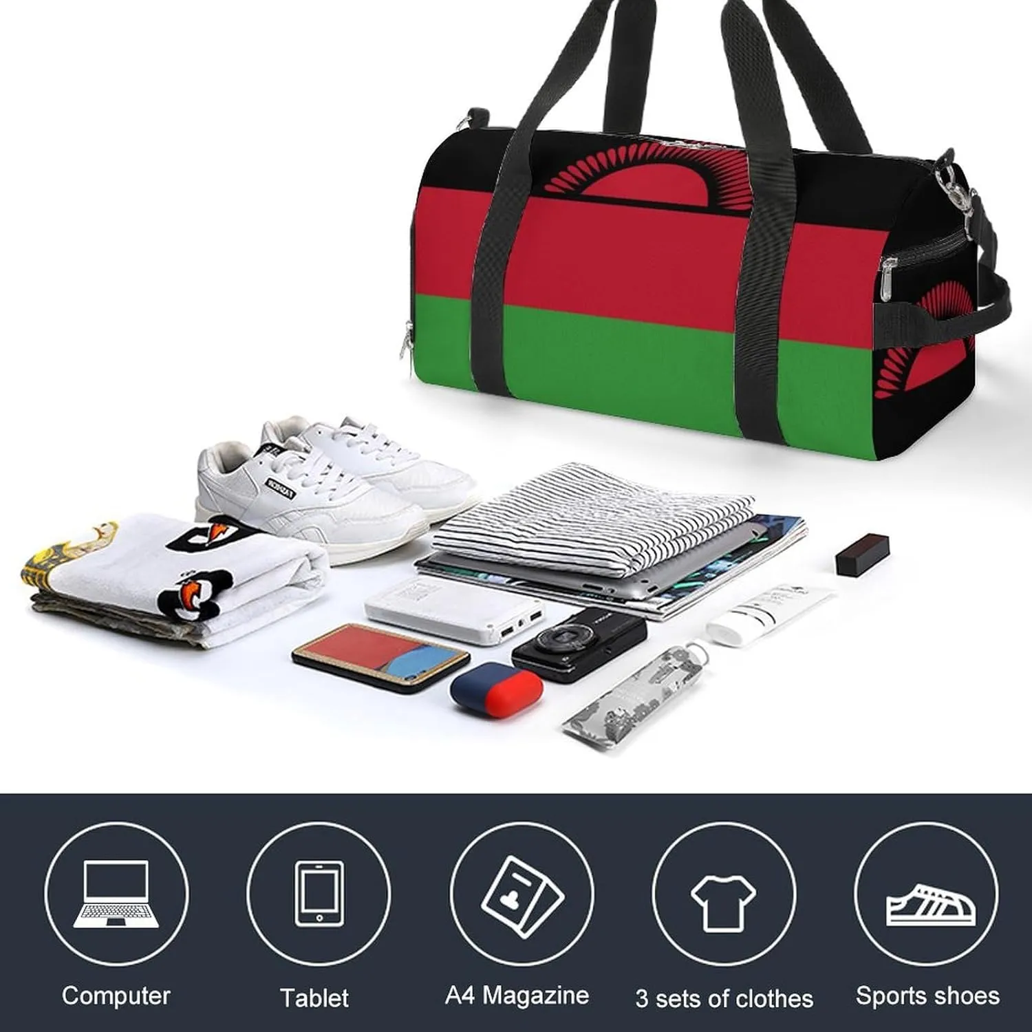 Malawi Flag Gym Duffel for Boys Girls with Shoe Compartment and Wet Pocket