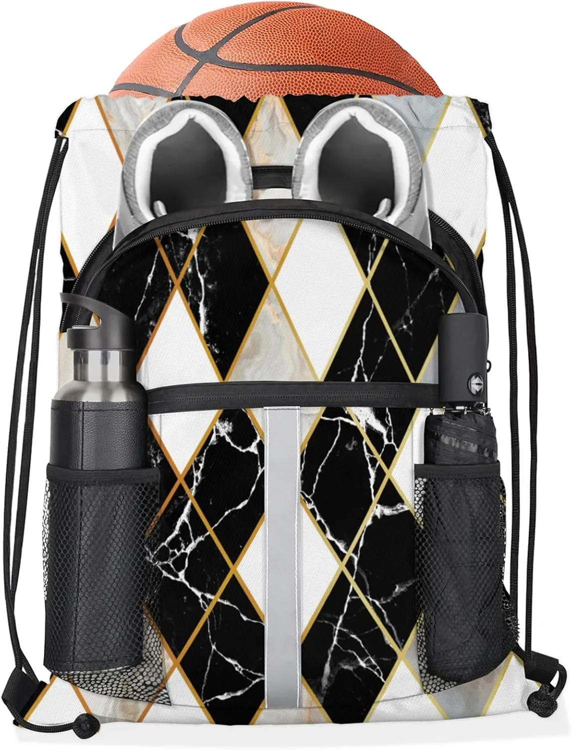Marble Modern Geometric Drawstring Backpack String Bag, Waterproof Sports Gym Swim Sackpack with Mesh Pocket for Men Women