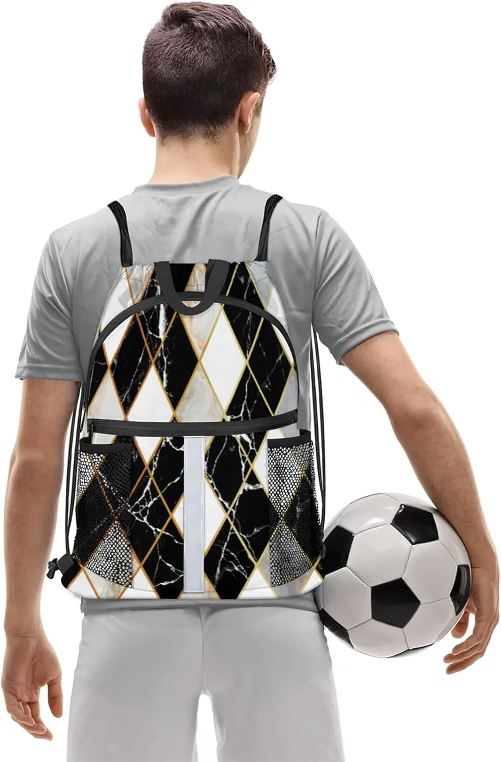 Marble Modern Geometric Drawstring Backpack String Bag, Waterproof Sports Gym Swim Sackpack with Mesh Pocket for Men Women