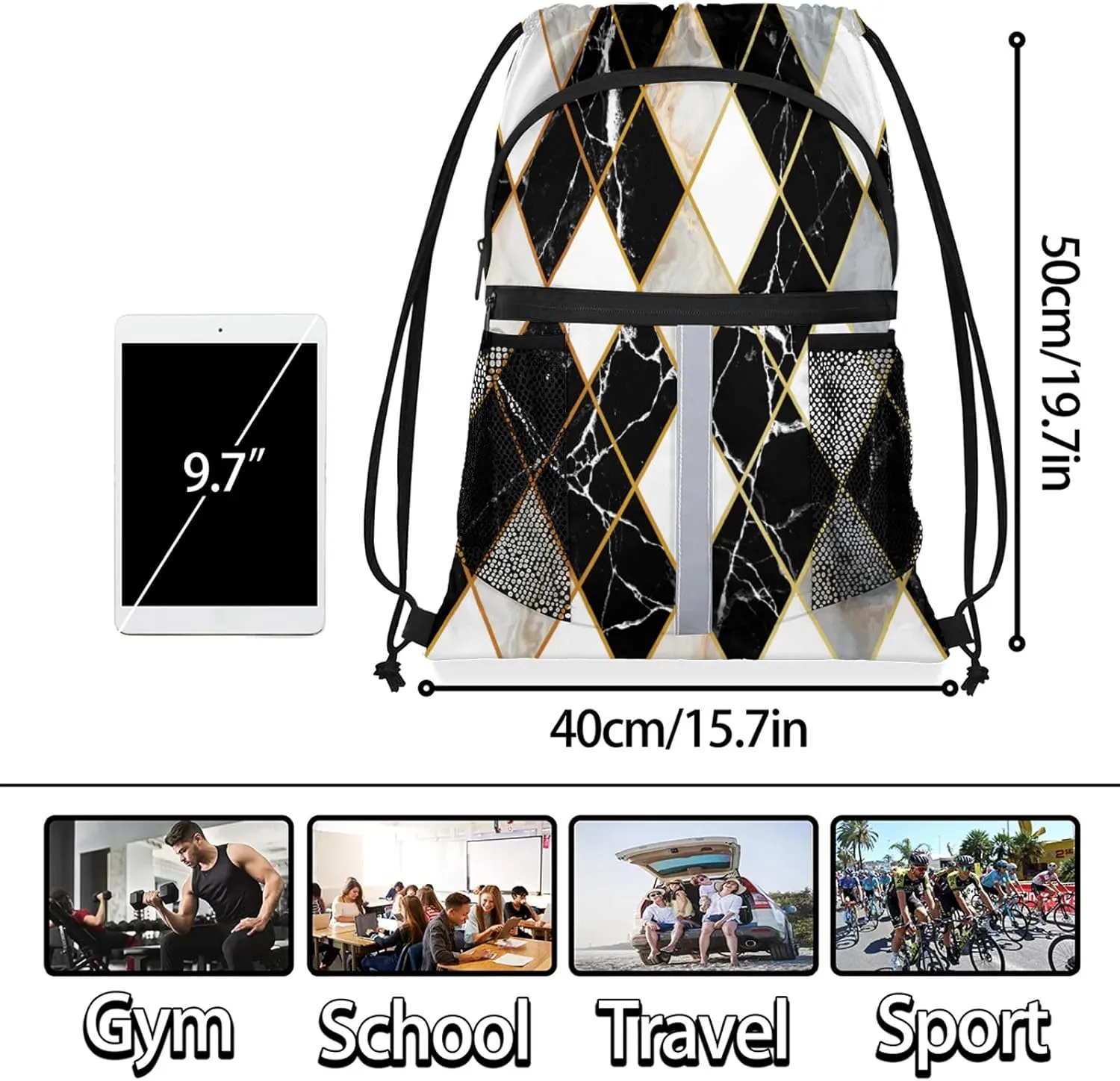 Marble Modern Geometric Drawstring Backpack String Bag, Waterproof Sports Gym Swim Sackpack with Mesh Pocket for Men Women