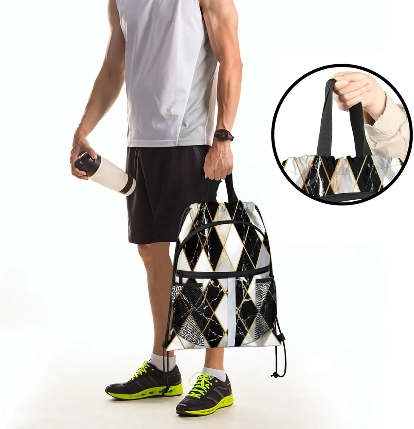 Marble Modern Geometric Drawstring Backpack String Bag, Waterproof Sports Gym Swim Sackpack with Mesh Pocket for Men Women
