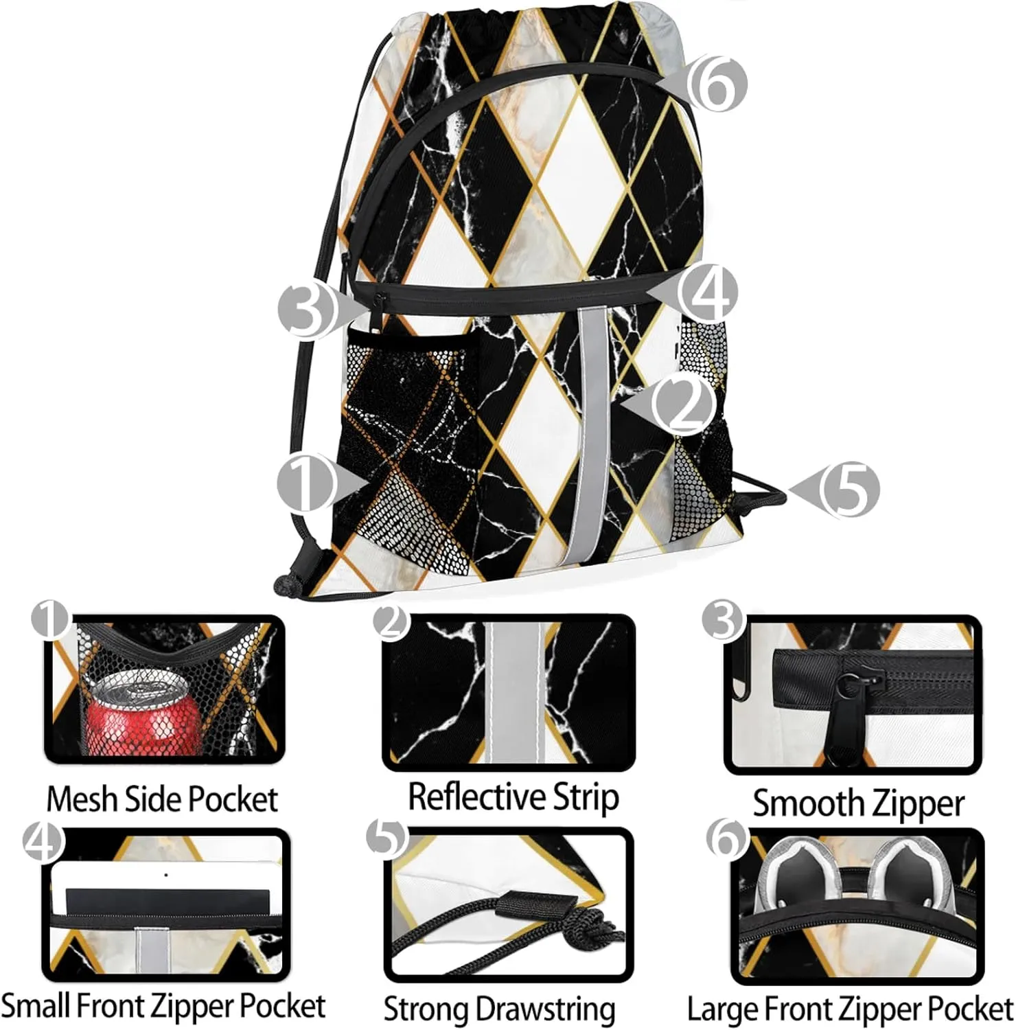 Marble Modern Geometric Drawstring Backpack String Bag, Waterproof Sports Gym Swim Sackpack with Mesh Pocket for Men Women