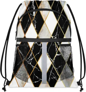 Marble Modern Geometric Drawstring Backpack String Bag, Waterproof Sports Gym Swim Sackpack with Mesh Pocket for Men Women