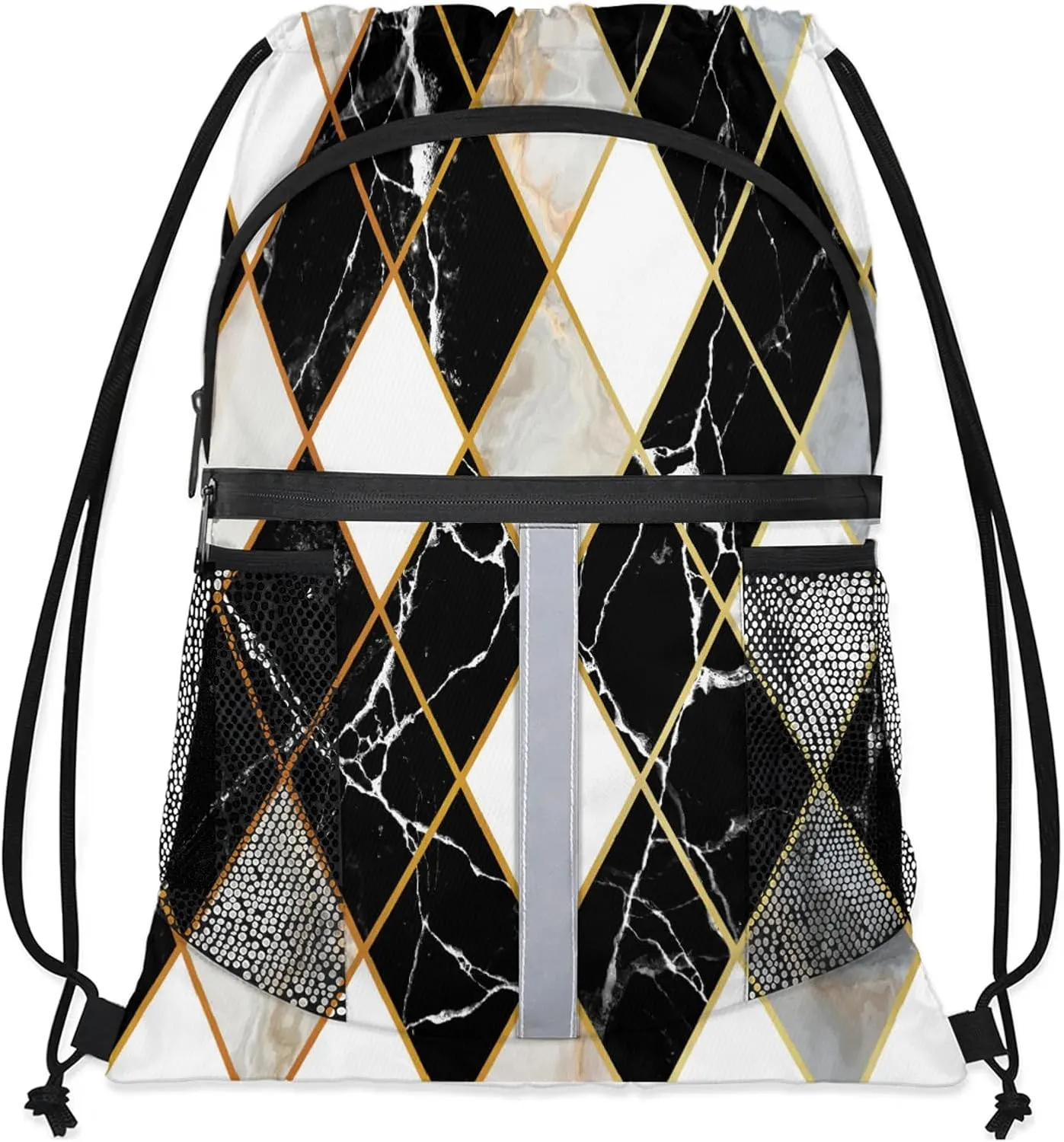 Marble Modern Geometric Drawstring Backpack String Bag, Waterproof Sports Gym Swim Sackpack with Mesh Pocket for Men Women