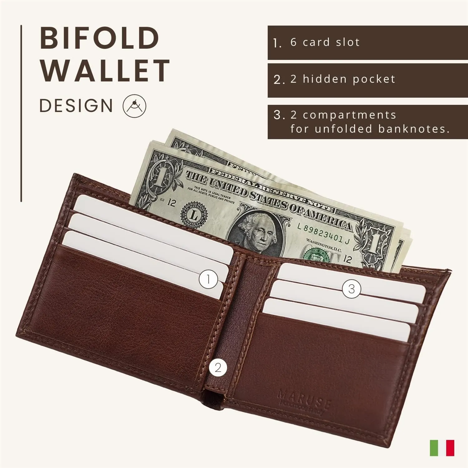 Maruse Bifold Wallet - Slim Leather Wallet – Genuine Italian Calf Leather Wallet – Elegant and Classy – Versatile and Minimalist Wallet for Men – Convenient Interior Pockets – Exquisite Present, Brown