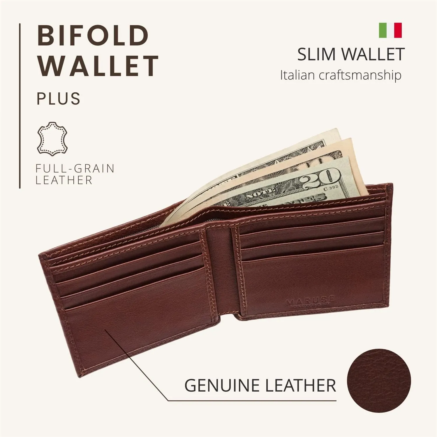 Maruse Bifold Wallet - Slim Leather Wallet – Genuine Italian Calf Leather Wallet – Elegant and Classy – Versatile and Minimalist Wallet for Men – Convenient Interior Pockets – Exquisite Present, Brown