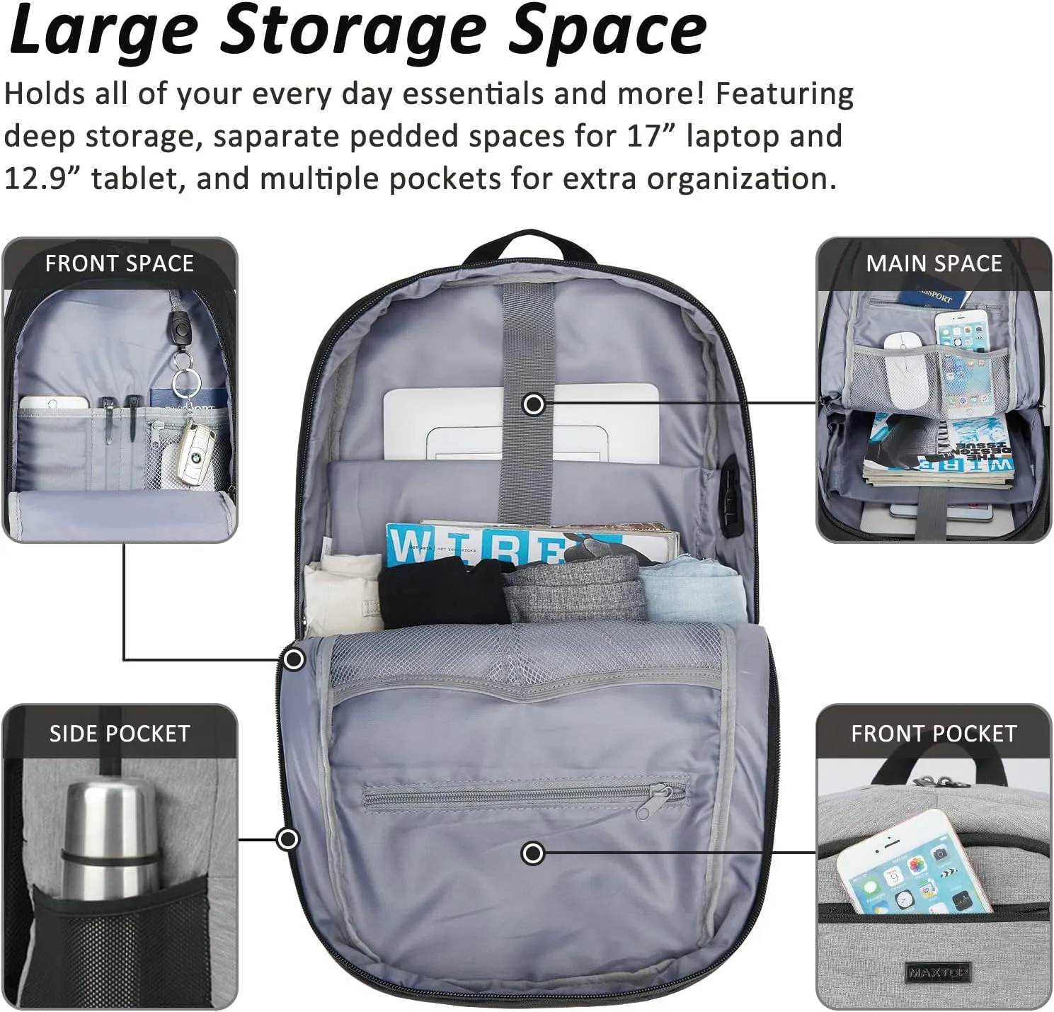 MAXTOP Travel Laptop Backpack Business Backpacks with USB Charging Port Water Resistant School College Bookbag