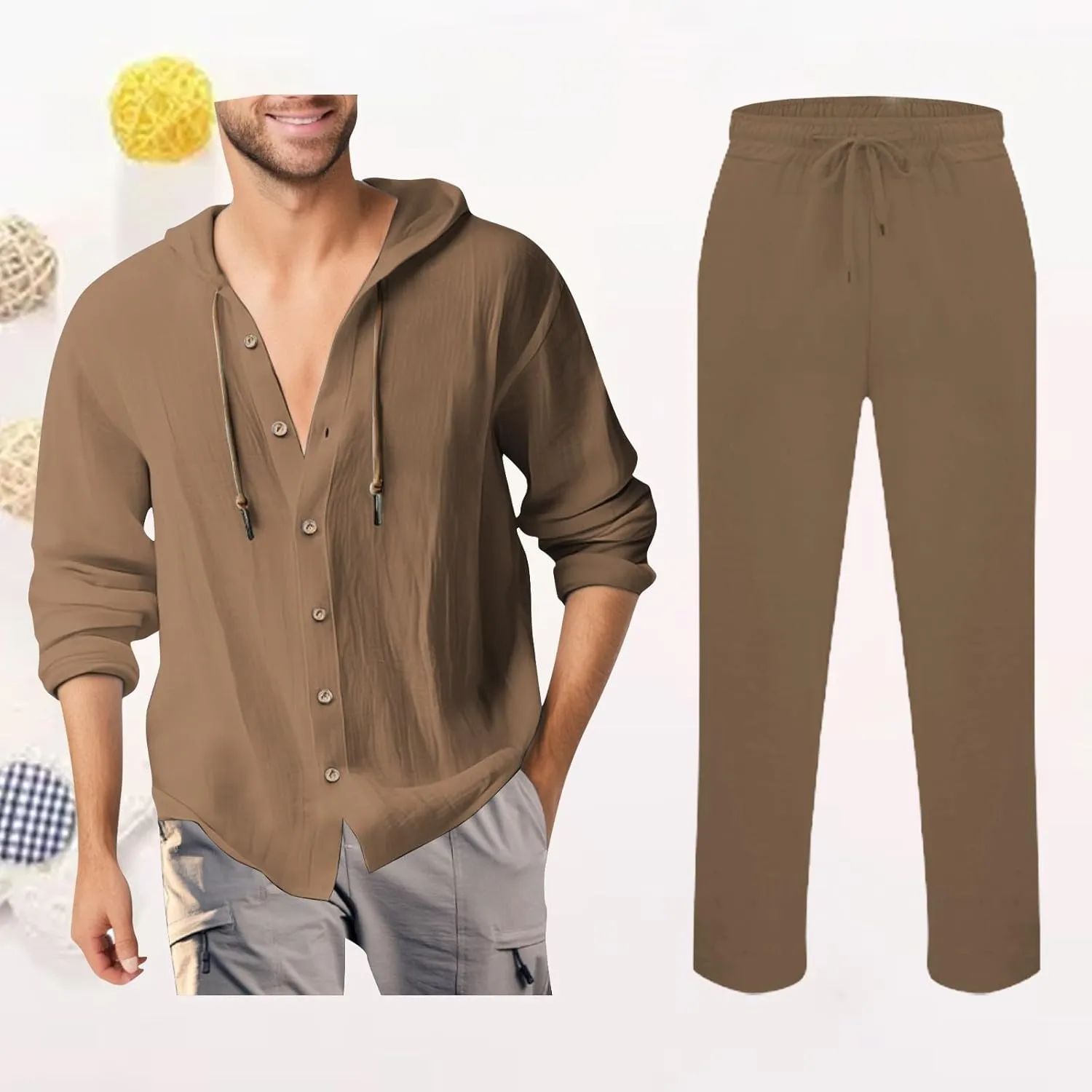 Men Casual Set Cotton Linen Button Down Long Sleeve Hooded Shirt Jogging Pants Spring Summer Loose Breathable Outfits