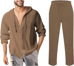 Men Casual Set Cotton Linen Button Down Long Sleeve Hooded Shirt Jogging Pants Spring Summer Loose Breathable Outfits